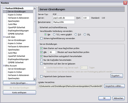 Screenshot für die Server-Einstellungen mit einem IMAP E-Mail-Postfach